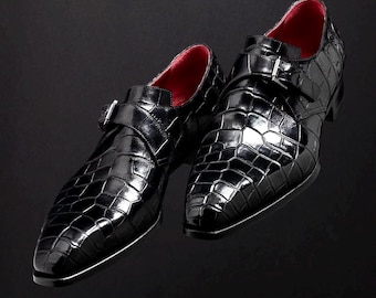 Bespoke Black Crocodile-Print Leather Monk Strap Shoes: Handmade
