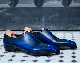 Zapatos Oxford de piel azul hechos a mano / Zapatos de vestir de lujo para hombre