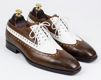 Custom Two-Tone Leather Wingtip Oxfords – Handmade Burgundy White Brogues