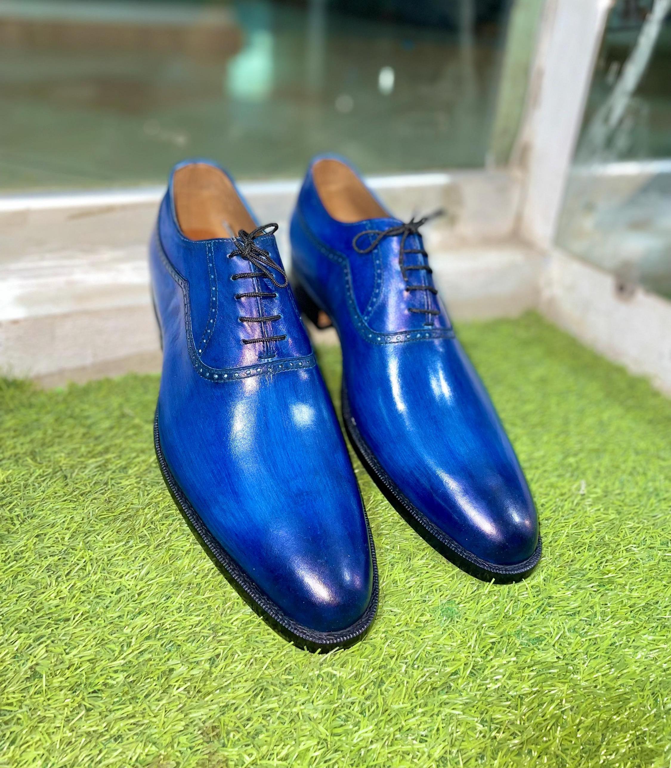 Handmade Blue Textured Oxford Shoes for Men | Custom Made 