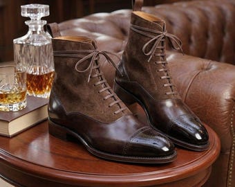 Men's Two-Tone Leather Suede Balmoral Boots – Handcrafted Oxford Dress Shoes