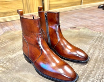 Handmade Full-Grain Brown Leather Zipper Boots | Bespoke Men's Ankle Boots