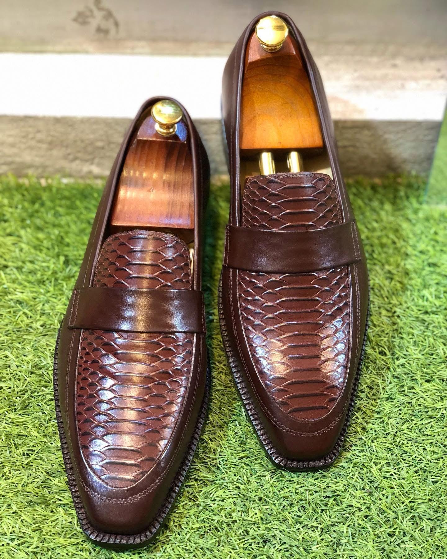 Burgundy brown exotic snakeskin print leather Men\'s loafer Snake Print Loafers for Men - Etsy Canada main image 4