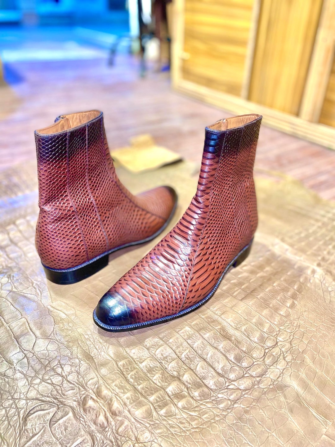 Handmade Python Textured Genuine Leather Zipper Ankle High Boots for ...