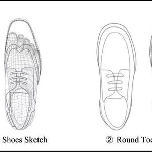 May include: A line drawing comparison of two shoe styles: pointed toe shoes and round toe shoes. The pointed toe shoes have a narrow, pointed toe, while the round toe shoes have a wider, rounded toe.