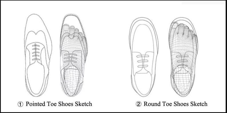 May include: A line drawing comparison of two shoe styles: pointed toe shoes and round toe shoes. The pointed toe shoes have a narrow, pointed toe, while the round toe shoes have a wider, rounded toe.