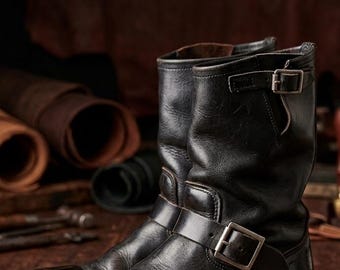 Handmade Men’s Black Leather Boots – Mid-CalF Biker Boots with Buckle Straps, Goodyear Welt Construction