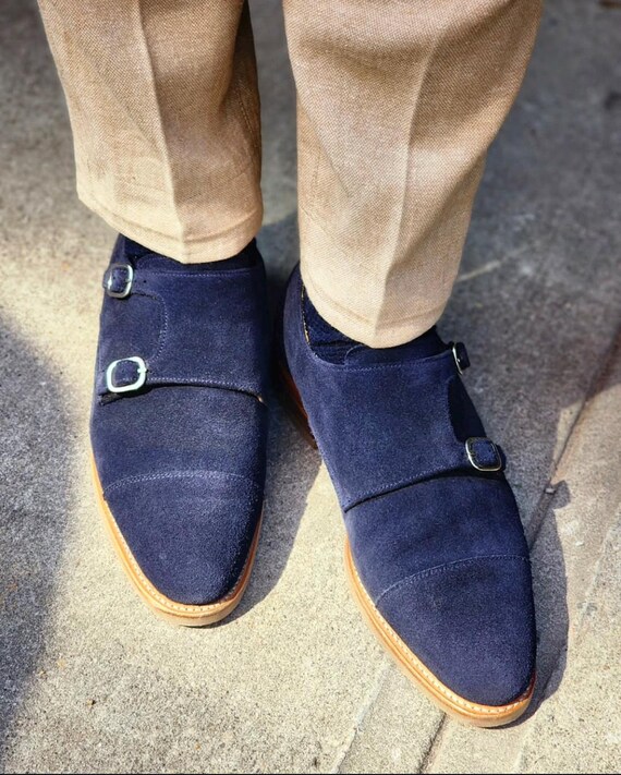 Handmade Blue Suede Monk Strap Shoes | Men display picture 2