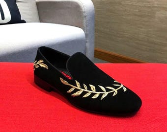 Handmade Golden Embroidery Loafers, Personalized Wedding Shoes