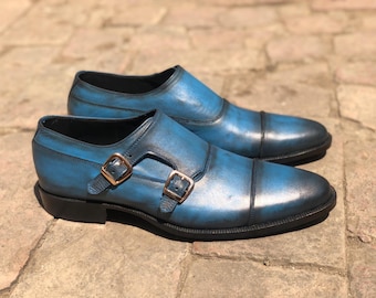 Handgefertigte Blaue Leder Doppel Monk Strap Schuhe | Hochzeit Trachtenschuhe