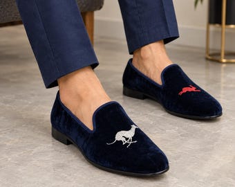 Men's Navy Velvet Loafers, Handmade Embroidered Horse Slip On Shoes