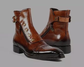 Handmade Brown Cap Toe Buckle Boots, Bots for Men