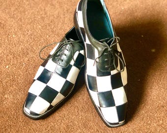 Handgemaakte zwart-wit geruite leren oxfords | Formele herenschoenen