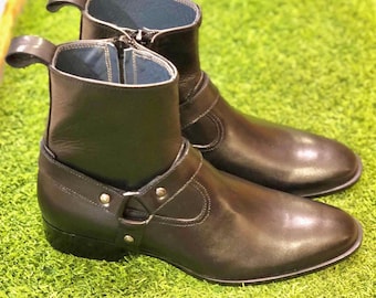 Handmade Black Leather Ankle Boots | Men's Harness Boots