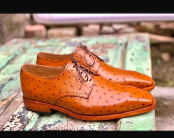 Handmade Ostrich Print Leather Dress Shoes | Men's Wedding Formal Footwear