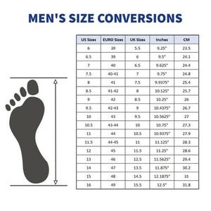 May include: A chart showing men's shoe size conversions in US, Euro, UK, inches, and centimeters. The chart includes a range of sizes from 6 to 16 in US sizes.