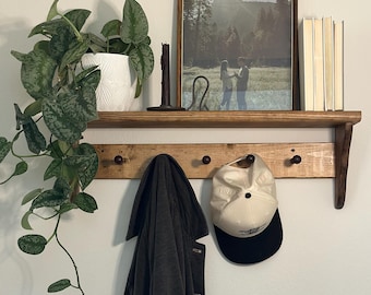 Hallway Shaker Peg Shelf, Foyer Coat Rack with Shelf, Entryway Key and Mail Organizer, Wall Shelf with Pegs and Hooks, Wall Organizer