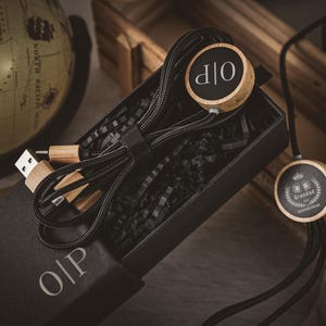 May include: A black gift box containing a USB charging cable and two wooden round accessories. The accessories have black centres with white text. One says "O|P" and the other says "Grandad GROOMSMAN". The box has the text "O|P".