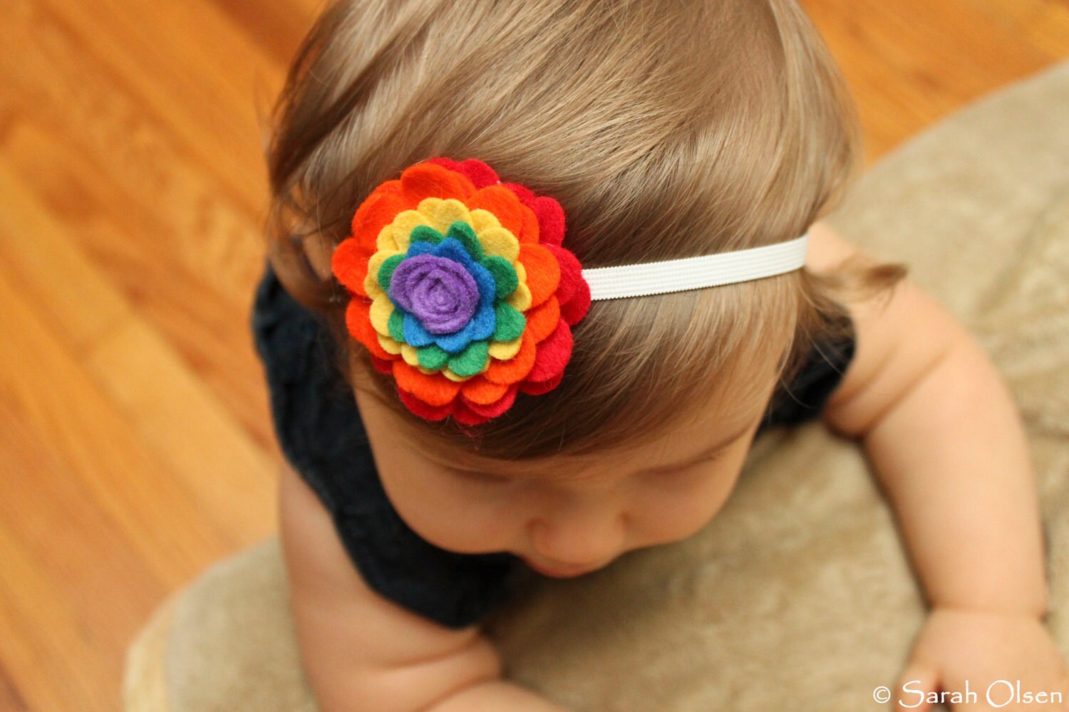 Elastic Headband with Rainbow Felt Flower - Perfect for School, Kids,…