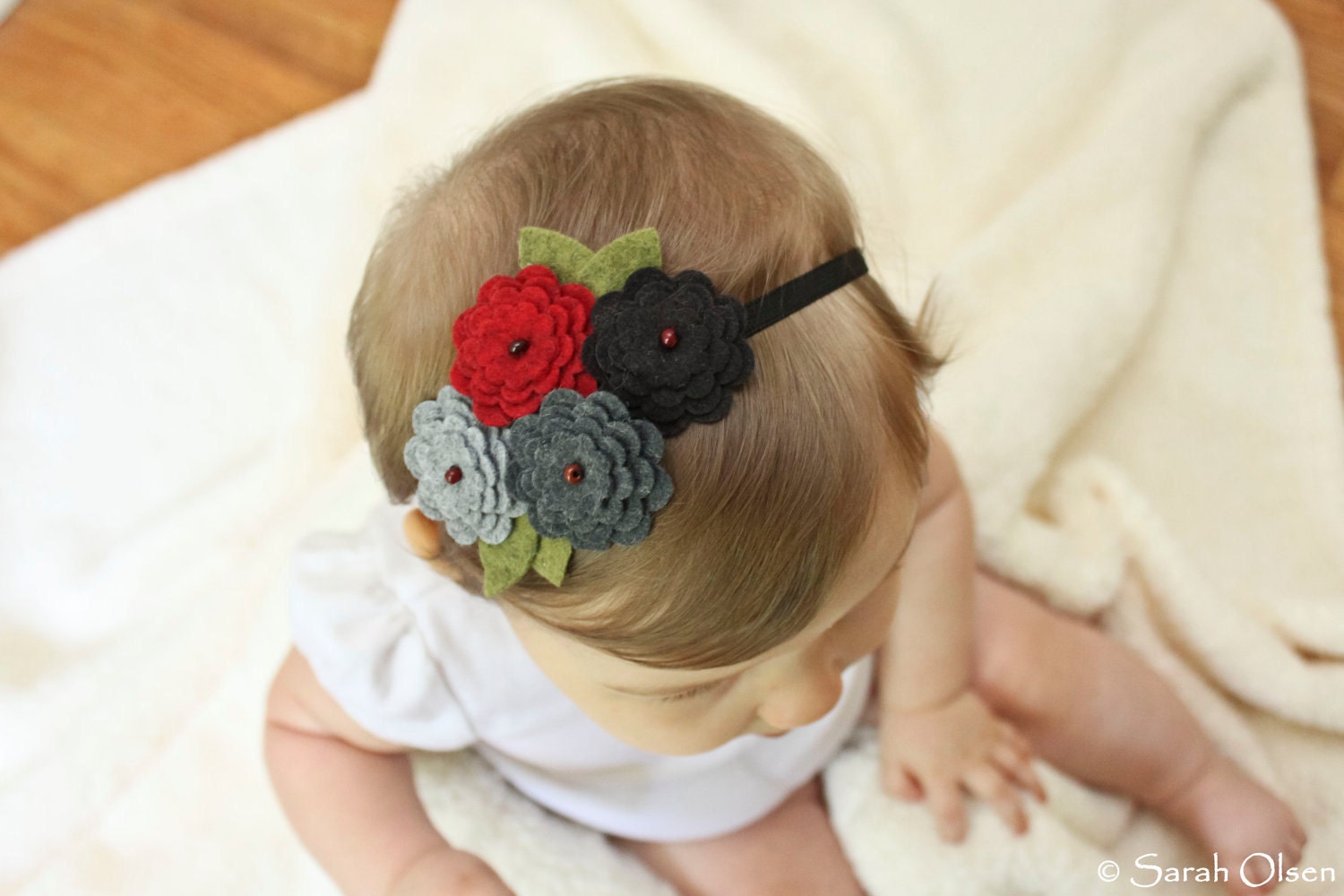 Red, Grey & Black Felt Flower Headband