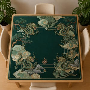 May include: A square dark green table mat featuring four embroidered dragons in shades of green and gold, surrounded by stylized clouds, pine trees, and mountain motifs. The mat includes four Chinese characters representing cardinal directions.