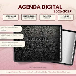 May include: Digital agenda for 2026-2027 with interactive hyperlinks, portrait format, and bonus stickers. The black agenda features the word "AGENDA" and the years "2026-2027". The agenda is compatible with Samsung Notes, Goodnotes, Xodo, Kilonotes, and Notability.