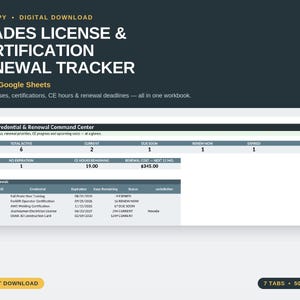 Puede incluir: Un rastreador digital de licencias y certificaciones comerciales para Excel y Google Sheets. La interfaz muestra un centro de comando de credenciales y renovaciones con resúmenes de estado, próximas renovaciones y fechas de vencimiento.