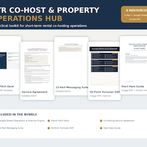 Könnte beinhalten: Ein digitales Toolkit mit dem Titel STR Co-Host & Property Operations Hub, das fünf Dokumentenvorschauen enthält, darunter ein Owner Pitch Deck, ein Service Agreement, eine 12-Part Messaging Suite, ein 50-Point Turnover SOP und ein Start Here Guide.