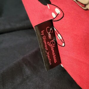 Red Minnie Mouse Tote bag close up of sew glamorous by glamour_injection tag