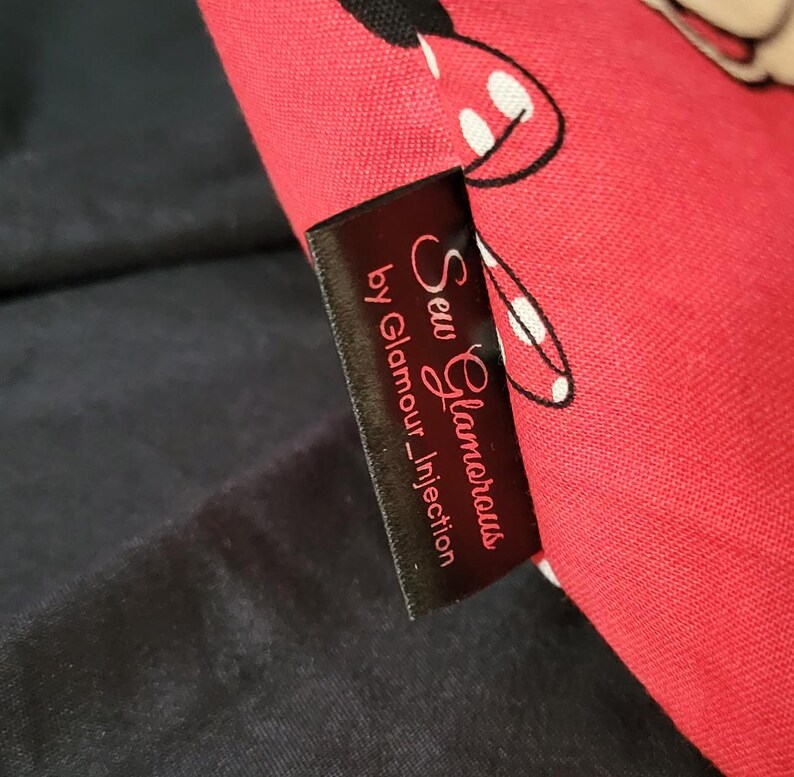 Red Minnie Mouse Tote bag close up of sew glamorous by glamour_injection tag