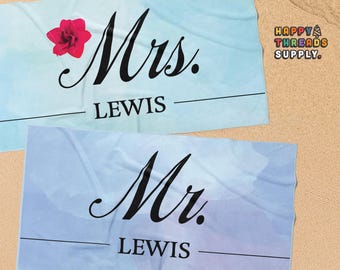 Custom Watercolor Couple Towel, Personalized Mr. and Mrs. Beach Towel, His Hers Wedding Gift, Newlywed Pool Towel, Honeymoon Gift