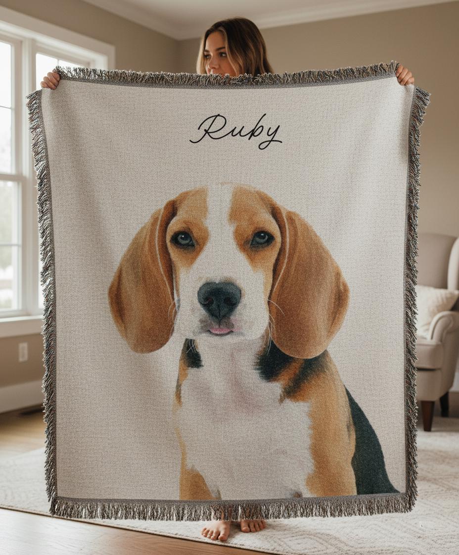 Pet Photo Tapestry Blanket with Custom Name: Personalized Cat and Dog Photo with Water Color Effect, Throw for Cat Moms and Dog Lovers