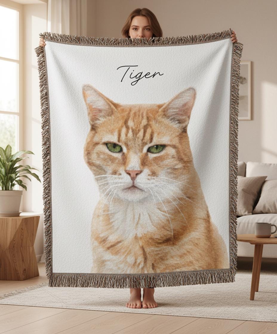 Pet Photo Tapestry Blanket with Custom Name: Personalized Cat and Dog Photo with Water Color Effect, Throw for Cat Moms and Dog Lovers