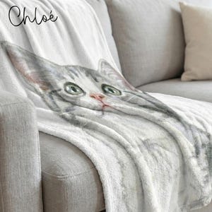 Manta tapizada con foto de mascota y nombre personalizado: Foto personalizada de gato y perro con efecto acuarela, manta para amantes de los gatos y los perros. imagen 6