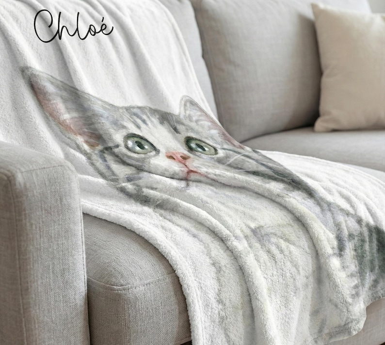 Manta tapizada con foto de mascota y nombre personalizado: Foto personalizada de gato y perro con efecto acuarela, manta para amantes de los gatos y los perros. imagen 6