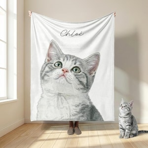 Manta tapizada con foto de mascota y nombre personalizado: Foto personalizada de gato y perro con efecto acuarela, manta para amantes de los gatos y los perros. imagen 18