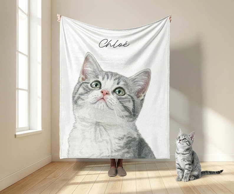 Manta tapizada con foto de mascota y nombre personalizado: Foto personalizada de gato y perro con efecto acuarela, manta para amantes de los gatos y los perros. imagen 18