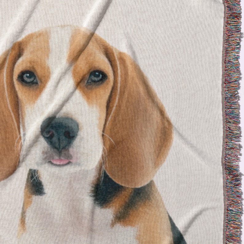 Puede incluir: Una manta tejida con un retrato detallado de un perro Beagle. El perro tiene marcas marrones y blancas, una nariz negra y orejas ca&iacute;das. La manta tiene un borde con flecos multicolores.
