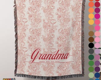 Custom Floral Woven Tapestry Throw: Personalized Grandma Blanket with Custom Kids Names