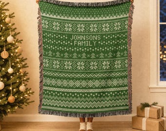 Personalized Family Christmas Woven Blanket with Custom Name and Fair Isle Pattern