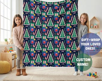 Personalized Christmas Blanket Kids - Custom Name Holiday Throw Minky Sherpa - Festive Gift