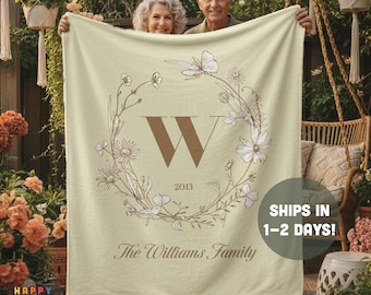 Personalized Family Name Blanket - Custom Monogram Initial Floral Wreath Throw Minky Sherpa