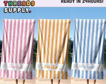 Personalized Striped Beach Towel: Custom Name, Bachelorette Gift