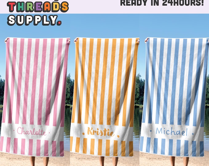 Personalized Striped Beach Towel: Custom Name, Bachelorette Gift