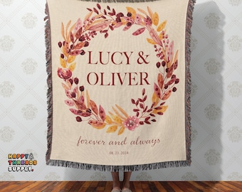 Couple Woven Blanket, Custom Anniversary Gift for Couple with Names and Date, Wedding Keepsake Throw, Personalized Newlywed Tapestry
