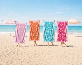 Personalized Name Beach Towel, Custom Tonal Groovy Retro Lettering