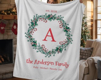 Personalized Christmas Family Blanket - Custom Name Wreath Initial Holiday Throw Minky Sherpa