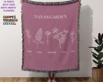Custom Birth Flower Woven Blanket: Personalized Grandma Gift
