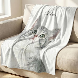 Manta tapizada con foto de mascota y nombre personalizado: Foto personalizada de gato y perro con efecto acuarela, manta para amantes de los gatos y los perros. imagen 8