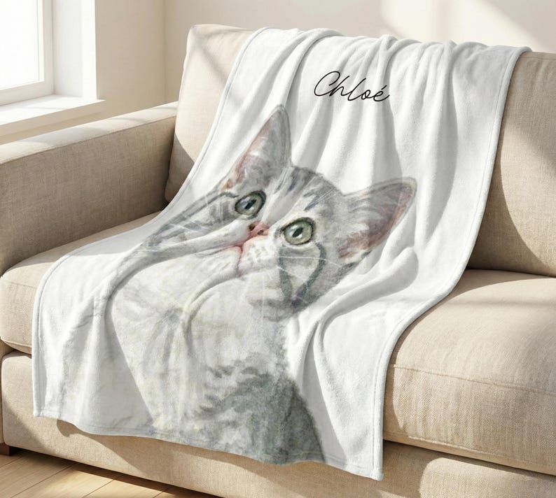 Manta tapizada con foto de mascota y nombre personalizado: Foto personalizada de gato y perro con efecto acuarela, manta para amantes de los gatos y los perros. imagen 8